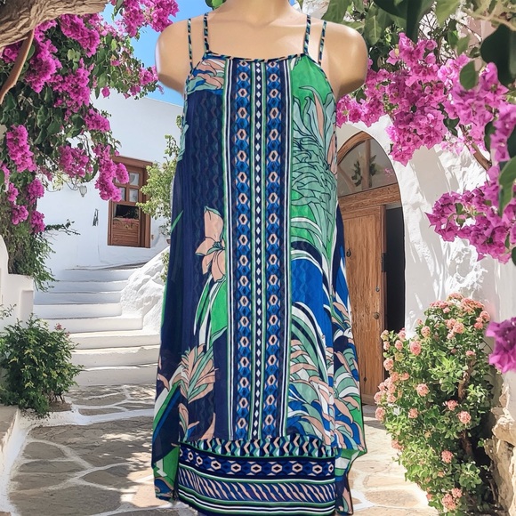 Anthropologie Maeve Laurel SILK Slip Dress Blue Green Geo Flowy Bohemian Medium - Picture 13 of 13